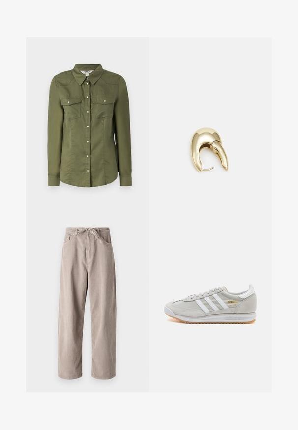 Olivgrünes Hemd mit Knöpfen, Kragen, langen Ärmeln und zwei Brusttaschen. Hergestellt aus weichem Stoff mit einer leicht strukturierten Oberfläche.; Beige Cordhosen mit lockerer Passform, ausgestattet mit einem Kordelzugbund, zwei Fronttaschen und vertikal geripptem Muster.; Hellgraue Sneaker aus Wildleder und Mesh, mit drei weißen Streifen, runder Zehenpartie und einer Sohle aus Gummi. Goldenes Logo-Detail nahe der Schnürsenkel.; Ohrringe aus goldfarbenem Metall mit einem schlanken, geschwungenen Design. Sie verfügen über eine markante, spitze Form, eine polierte Oberfläche und einen Scharnierverschluss.