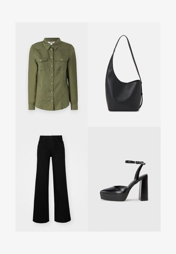 Cămașă verde măslinie cu nasturi, cu guler, mâneci lungi și două buzunare pe piept. Fabricată dintr-un material moale, cu un finisaj ușor texturat.; Pantaloni negri cu picioare largi, din denim, cu un brau structurat, bucle pentru curea și buzunare frontale. Textură netedă, cu un design clasic.; Pantofi cu toc platformă negri, cu vârful ascuțit și curea reglabilă la gleznă. Confecționați din piele netedă, având un toc gros.; Geantă hobo din piele neagră, cu o textură netedă, formă curbată și un singur bretele ajustabil; are o deschidere largă în partea de sus.