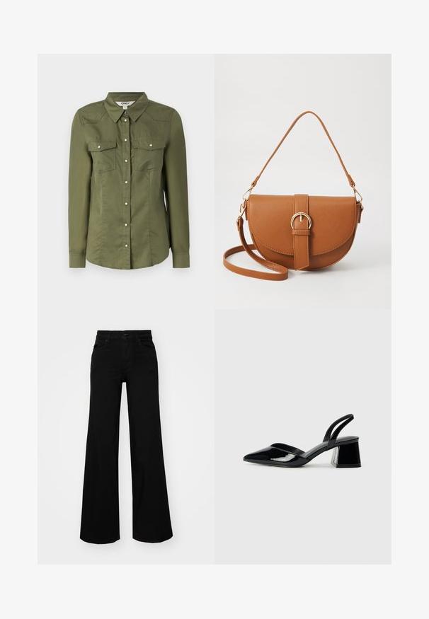 Chemise olive à manches longues, avec un col et deux poches poitrine. Fabriquée en tissu doux avec une finition légèrement texturée.; Pantalons large en denim noir, dotés d'une taille structurée, de passants de ceinture et de poches avant. Texture lisse avec un design classique.; Escarpins en cuir verni noir avec bout pointu et talon bloc géométrique. Présente un design élégant et minimaliste ainsi qu'une texture lisse.; Sac bandoulière en cuir marron avec une forme incurvée, quincaillerie dorée et un accent en boucle. Comprend une bandoulière détachable.