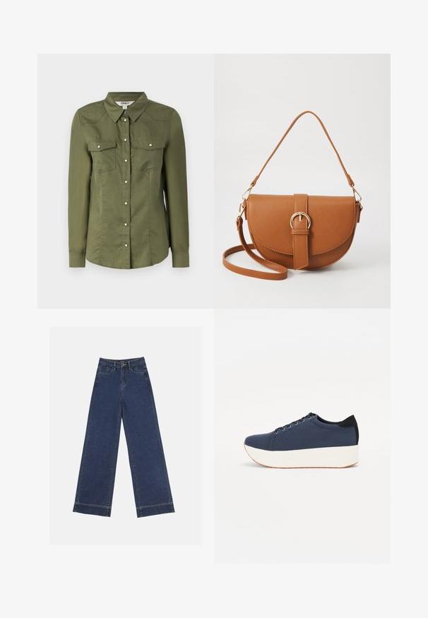 Olíva zöld, galléros, gombos ing, hosszú ujjal és két mellzsebbel. Puha anyagból, enyhén texturált felülettel készült.; Sötétkék denim széles lábú farmernadrág. Öt zsebbel, övhurkokkal és nyers szegéllyel az alján, amelyen látható varrási részletek találhatók.; Sötétkék sportcipő, texturált szövet felsőrész, fehér platform talp, lekerekített orr és fekete sarok akcentussal. Hat fűzőlyuk található rajta.; Barna bőr keresztbody táska ívelt formával, aranyszínű fémrészekkel és csat díszítéssel. Levehető vállpánttal rendelkezik.