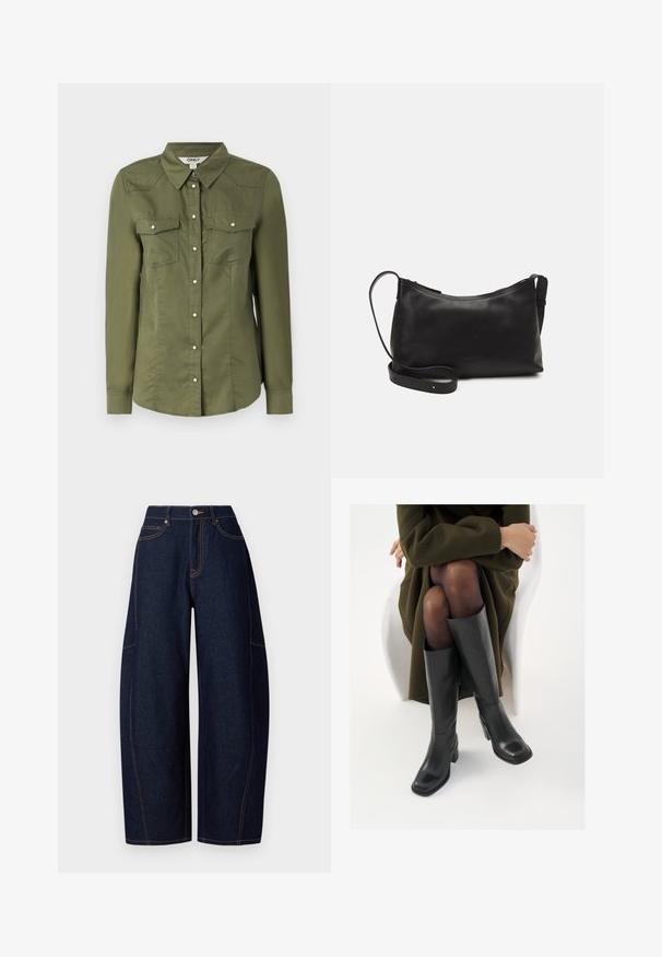 Oliwkowa, zapinana koszula z kołnierzykiem, długimi rękawami i dwiema kieszeniami na piersi. Wykonana z miękkiego materiału o lekko teksturowanym wykończeniu.; Szerokie dark blue dżinsy z kontrastującymi pomarańczowymi szwami, pięcioma kieszeniami oraz zapięciem na guzik i zamek błyskawiczny w pasie.; Kozaki skórzane do kolan w kolorze czarnym, z kwadratowym noskiem i słupkowym obcasem, pokazane na modelce siedzącej w oliwkowej zielonej kurtce. Gładka tekstura, minimalne detale.; Czarna skórzana torba na ramię o gładkiej fakturze, zakrzywionym kształcie, regulowanym pasku i zapięciu na zamek. Minimalistyczny design bez zdobień.