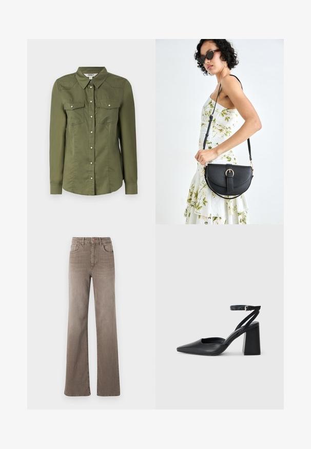 Olivgrön skjorta med knäppning, krage, långa ärmar och två bröstfickor. Tillverkad av mjukt tyg med en något texturerad yta.; Bruna högmidjade rakbenade jeans med framknapp, bältesöglor och klassisk femfickorsdesign på vit bakgrund.; Svart läderpumps med spetsig tå, ankelrem och kraftig klack. Slät textur, stilren design och minimalistisk estetik.; Svart läderhandväska med en böjd form, avtagbar rem och guldiga detaljer. Väskan har ett lock med en spänndetalj.