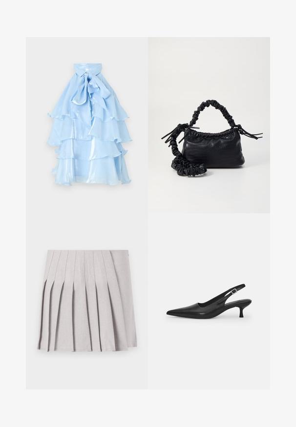 Šviesiai mėlynas sluoksnių suknelė su banguotu apvadu. Pagaminta iš blizgaus audinio, turi apykaklę ir kaspiną prie kaklo, sukurdama laisvai krentančią siluetą.; Pilka klostuota sijonas su lygiu paviršiumi, su daugeliu vertikalių klosčių ir pritaikytu juosmeniu. Pagamintas iš lengvo audinio.; Juodos odinės slingback bateliai su smailiu nosiu ir plonu, lenktu kulnu. Yra diskretiška reguliuojama juostelė su metaliniu sagtimi.; Juodas dirbtinės odos rankinė su krokodilo tekstūra, sušnibždinta viršuje ir susikraipytu dirželiu. Atrodo minkšta ir kompaktiška.