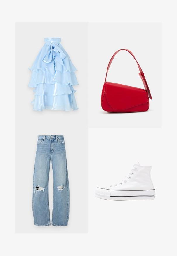 Lyseblå lagdelt kjole med volangkant. Laget av skinnende stoff, har krage og en sløyfe ved halsen, som skaper en flytende silhuett.; Lyseblå høytlivsjeans laget av denim. Har vide bein, to revne knær og klassisk fem-lommers design.; Hvit høy-skinn kanvas sneakers med svart gummisåle, gummitåhette foran og seks hull for snorer, med et rent, minimalistisk design.; Rød lærveske med en vinklet, geometrisk design. Har en enkelt justerbar stropp og en klaffelukking med sydd detaljer.