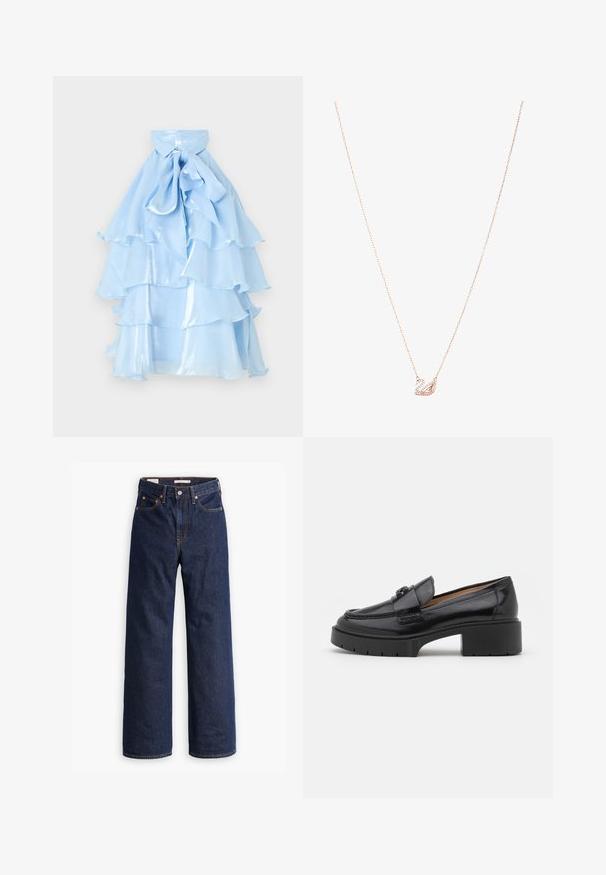 Lysblå lagdelt kjole med volangender. Fremstillet af skinnende stof, har en krave og en sløjfedetail ved halsen, hvilket skaber en svævende silhuet.; Mørkeblå straight-leg denim jeans med fem lommer, orange syninger og knaplukning.; Sorte læder loafers med en lav blokhæl, rund tå, dekorativ rem og struktureret syning på overdelen. Glat overflade.; Rosaguld halskæde med en svanevedhæng, prydet med klare krystaller. Kæden har et delikat linksdesign.