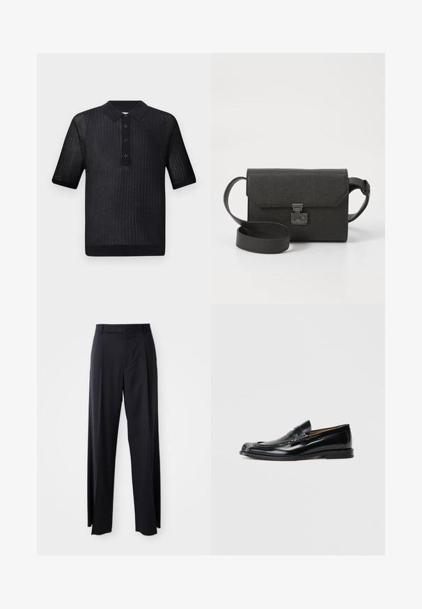 Tricou polo negru cu mâneci scurte, textură ribbină și guler solid negru. Are trei butoane pe față și o tivă ajustată.; Pantaloni negri, cu talie înaltă și croi evazat, dintr-un material fin. Prezintă pliseuri frontale și buzunare cu curea. Design minimalist, fără accesorii vizibile.; Mocasini negri din piele cu un finisaj neted, vârful rotund, cusături decorative și un toc jos, cu straturi. Fără branding vizibil.; Geantă crossbody din piele neagră cu un finisaj texturat, închidere cu clapetă, accesorii metalice și o curea ajustabilă asortată.