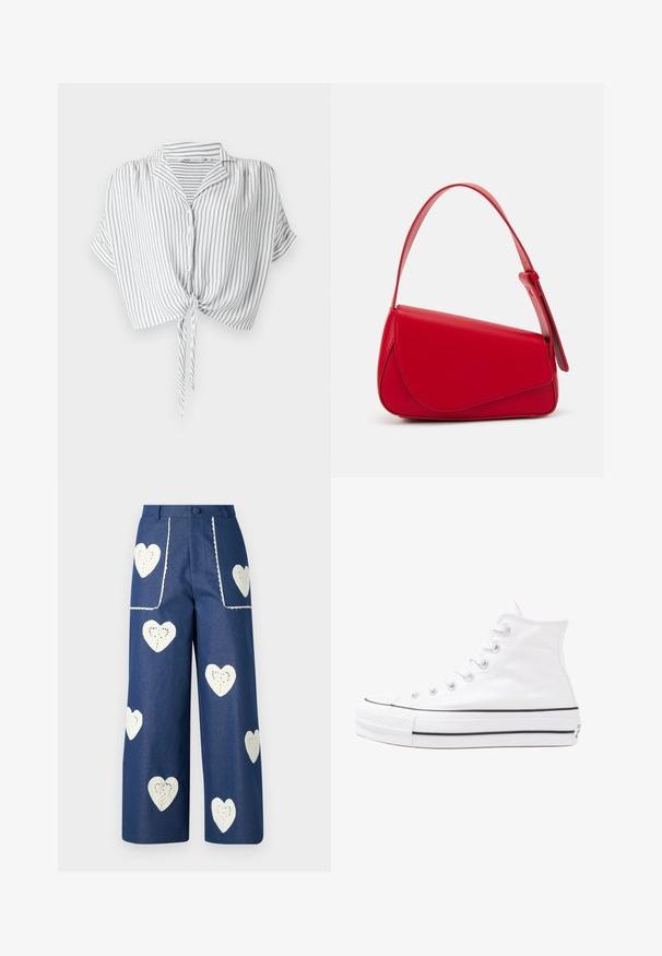 Šedobiele pruhované skrátené tričko s viazaním vpredu, gombíkovým zapínaním, krátkymi rukávmi a golierom, vyrobené z ľahkého materiálu.; Sister Jane HEART TO HEART - Džínsy s rovným strihom - blue denim; Biele vysoké plátené tenisky s čiernou gumovou podošvou, prednou gumovou špičkou a šiestimi okami na šnúrky, s čistým, minimalistickým dizajnom.; Červená kožená kabelka s ostrým, geometrickým dizajnom. Má jeden nastaviteľný popruh a uzatváranie na klopu so šitím.