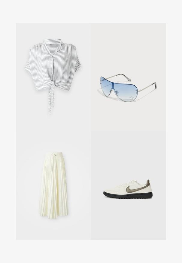 Hallide ja valged triibulised lühikesed särgid, millel on lipsukinnitus, nööbid, lühikesed varrukad ja krae, valmistatud kergetest kangast.; Kergelt kollasel kangast volditud midi seelik, millel on elastne vöökoht koos nööriga, sile tekstuur ja vertikaalsed triibud lisadetailideks.; Nike Sportswear FIELD GENERAL - Tossud - off-white/black; Aviatori prillid, millel on gradient sinine objektiiv, hõbedane metallraam ja dekoratiivsed staaraktsendid objektiivil. Sujuv ja stiilne disain.