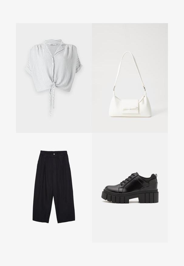 Grå og hvid stribet crop-top med knyt foran, knaplukning, korte ærmer og krave, lavet af letvægts materiale.; Sorte polyester culotte bukser med elastisk talje, to forpiber og en løs silhuet. Ingen synlige mønstre eller hardware detaljer.; Sorte læder platform sko med en klodset blokhæl, rund tå og traditionelt snøredesign. Har en glat tekstur og minimal detaljering.; Hvid syntetisk håndtaske med en trekantet form, flad forsideklap og sløjfedetalje, justerbar strop, glat tekstur og minimalistisk design.