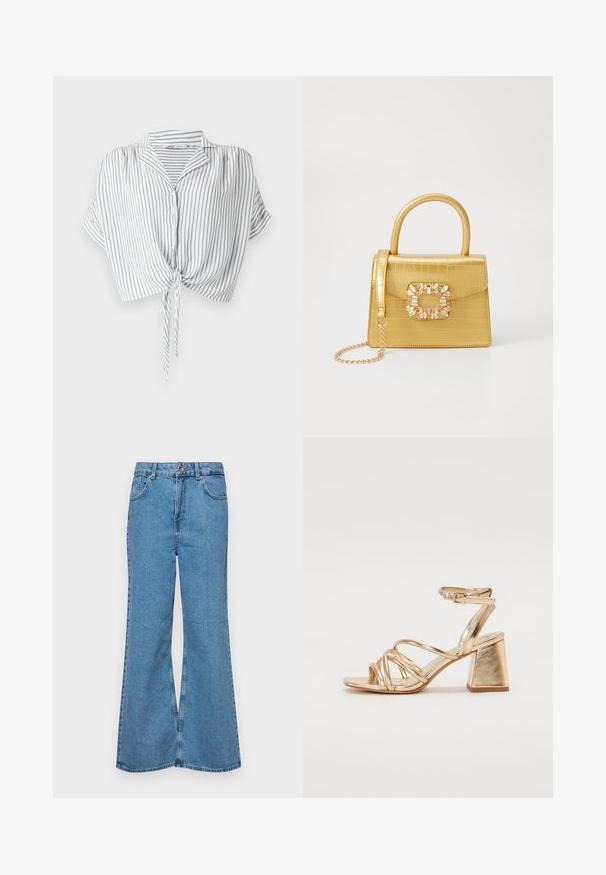 Szürke és fehér csíkos, rövid szabású ing, elején megkötős megoldással, gombos záródással, rövid ujjal és gallérral, könnyű anyagból készült.; Világoskék, trapézszárú farmernadrág, magas derékkal, öt zsebbel és egy gombos záródással. Puha tapintású, magasított effektusú anyag.; Arany fémes sarkú szandál, mely jellemzője a pántos dizájn, négyzet alakú blokk sarok és állítható bokaheveder csattal. Sima textúra.; Sárga műbőr krokodil mintás kézitáska strukturált kialakítással, felső fogantyúval, leválasztható lánccal és díszes kristály díszítéssel a záron.
