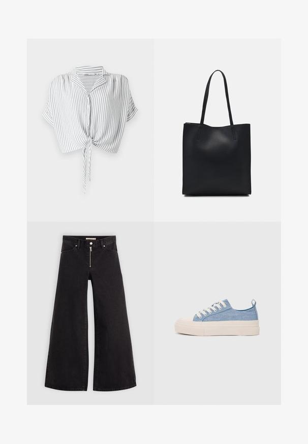 Grå og hvit stripete avkortet skjorte med knyting foran, knappelukking, korte ermer og krage, laget av lett stoff.; Vide benbukser i sort denim med glidelås i front, fem-lomme design og subtile sømdetaljer. Glatt tekstur og avslappet stil.; Lys blå canvastøfler med en kremfarget gummitupp og yttersåle, med hvite snørebånd og en løfteløkke på hælen.; Svart lær tote bag med glatt tekstur, rektangulær form og to lange håndtak. Ingen synlige deler eller dekorasjoner.
