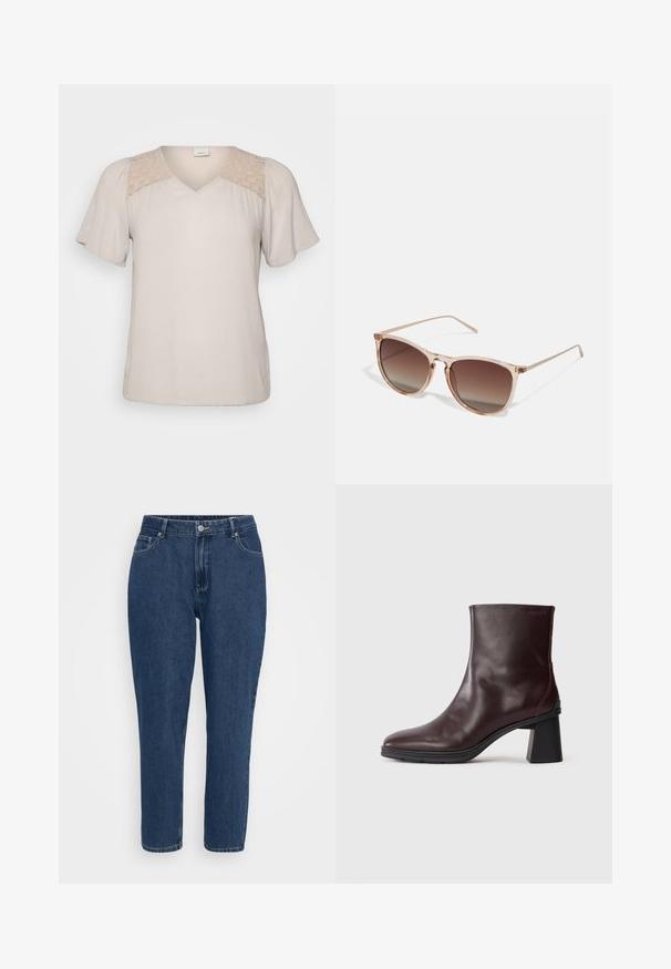 Beige kortermet bluse med V-hals, med teksturert kropp og blonde detaljer på skuldrene. Myk stoffkvalitet med en avslappet passform.; Mørkeblå denimjeans med avslappet passform, med frontlommer og knappelukking, vist på hvit bakgrunn.; Mørkebrun skinn ankelstøvel med blokkhæl og rund tå, utstilt på en enkel lys grå bakgrunn.; Brune gradient solbriller med en gennemsigtig pink ramme, firkantet facon og tynde metalarme. Har afrundede kanter og minimal detaljering.
