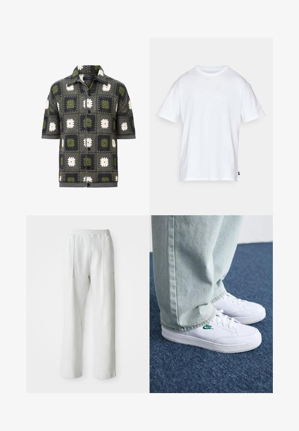 Kurzärmliges Hemd mit Knopfleiste, das ein Patchwork-Muster aus grünen, grauen und weißen Blumenquadraten zeigt, gefertigt aus einem strukturierten Strickstoff.; Weißes Baumwoll-T-Shirt mit kurzen Ärmeln und Rundhalsausschnitt. Verfügt über ein kleines, dezentes Nike-Logo auf der Brust und ein seitliches Etikett.; Weiße Freizeithose mit elastischem Bund und großen, vorderen Taschen, auf einem schlichten, hellen Hintergrund dargestellt.; Weiße Leder-Sneaker mit grünem Nike-Logo, runde Zehenpartie, flache Sohle, kombiniert mit hellblauen Jeans, präsentiert auf einem blauen Teppich.