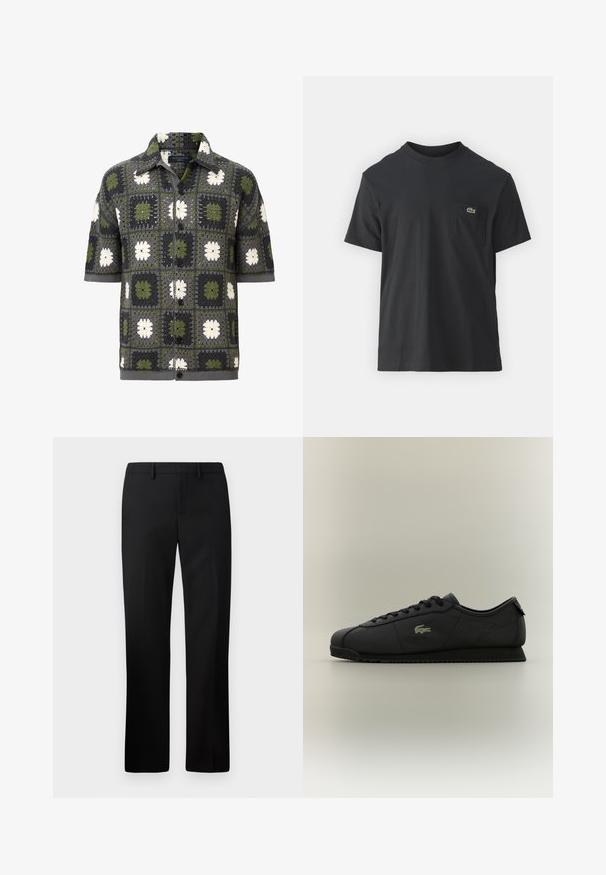 Camicia a maniche corte con bottoni, caratterizzata da un design a patchwork di quadrati floreali verdi, grigi e bianchi, realizzata in un tessuto a maglia testurizzato.; T-shirt in cotone nero con maniche corte, scollatura rotonda e un piccolo logo verde sul taschino sinistro. Design semplice, vestibilità regolare.; Pantaloni neri su misura con design a gamba dritta, realizzati in tessuto morbido. Presentano un davanti piatto e una vita alta media.; Sneaker neri a basso profilo con lacci sul davanti, suola testurizzata e logo in oro a forma di coccodrillo sul lato.