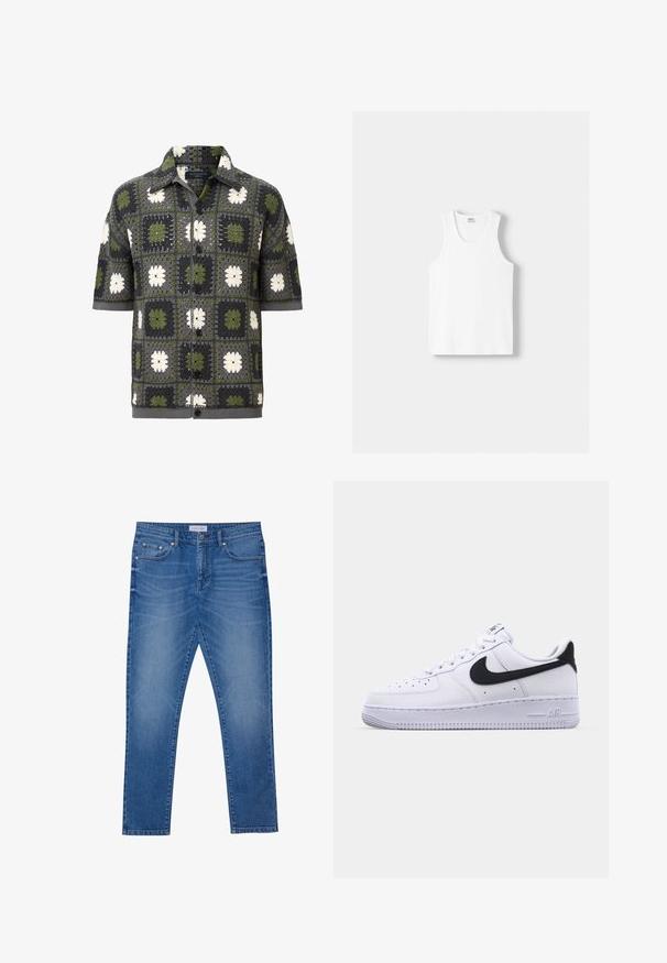 Lyhythihainen nappipaitakohdalla, jossa on vihreän, harmaan ja valkoisen kukkakuosiset palat, valmistettu kierrätetystä neulekankaasta.; Valkoinen puuvillainen hihaton paita, jossa on pyöreä kaula-aukko, leveät olkaimet ja suora helma. Paidan tekstuuri on sileä, eikä siinä ole näkyviä kuvioita.; Siniset farkut, jotka ovat suoralinjaiset, sisältäen etutaskut, ommellut saumat ja klassisen napin sulkemisen.; Valkoinen nahkakenkä, jossa on teksturoitu musta Swoosh, litteät nauhat ja kumipohja, jossa on uritettu malli. "AIR" on painettu kantapään kohdalle.