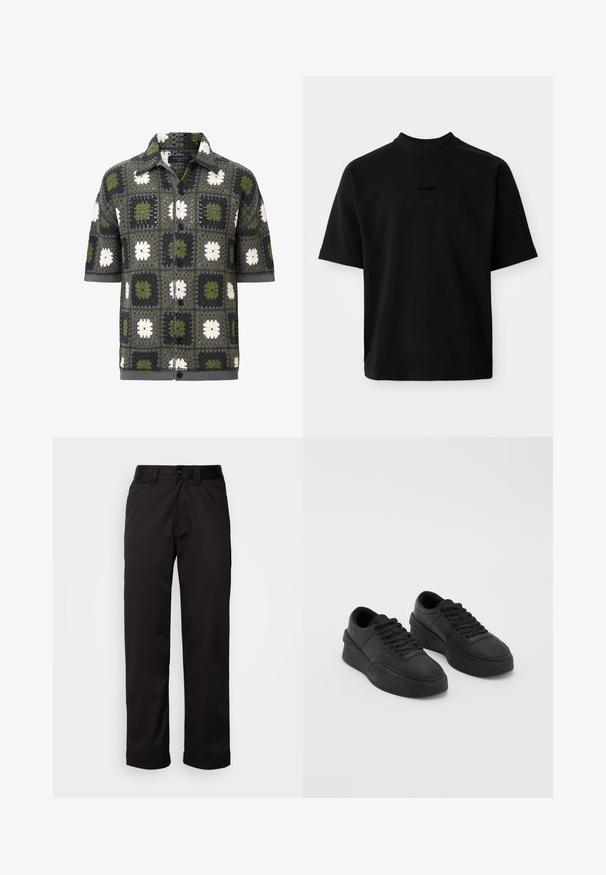 Rövid ujjú gombos ing, amely zöld, szürke és fehér virágos négyzetek patchwork mintájával rendelkezik, textúrázott kötött anyagból készült.; Fekete, rövid ujjú, pamut póló magas gallérral, sima textúrával és diszkrét logóval a középen.; Fekete nadrág sima anyagból, cipzáros és gombos záródással, valamint feltekert szegésekkel a laza dizájn érdekében.; Fekete alacsony platform sportcipő pár fűzővel, vastag talppal és perforált részletekkel az orr részen, egyszerű háttér előtt.