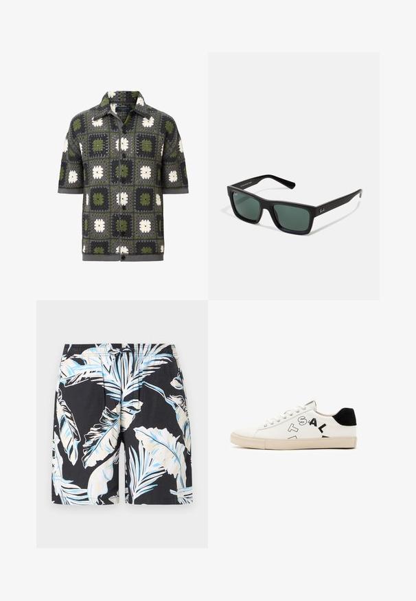 Kortärmad skjorta med knappar som har en lapptäckesdesign av gröna, grå och vita blommiga rutor, i ett texturerat stickat tyg.; Svarta badshorts med en stor vit och blå tropisk bladmönster, elastisk midja med dragsko och slät tygkänsla.; Vita lädersneakers med svarta detaljer vid hälen, med kraftig svart text på sidan och en gummisul. Minimalistisk design.; Svarta rektangulära solglasögon med gröna linser, i en matt yta, raka skalmar och Ray-Ban-logotypen på sidan.