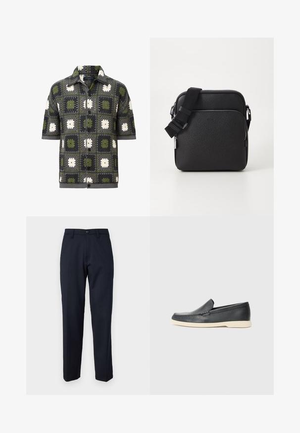 Camicia a maniche corte con bottoni, caratterizzata da un design a patchwork di quadrati floreali verdi, grigi e bianchi, realizzata in un tessuto a maglia testurizzato.; Pantaloni blu navy realizzati in un tessuto liscio, con bottone frontale, design a gamba dritta e tasche laterali. Nessun motivo o decorazione visibile.; Mocassini neri in pelle con finitura testurizzata e suola in gomma beige a contrasto. Presentano un accento sottile lungo la parte anteriore.; Borsa a tracolla nera in pelle con superficie texturizzata, dotata di una tasca frontale con zip, cinturino regolabile e dettagli metallici.
