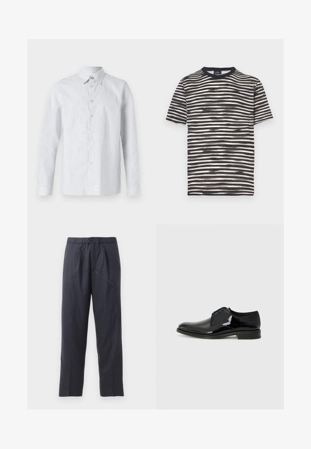 Cămașă cu dungi, în nuanțe de albastru deschis și alb. Prezintă un guler clasic, mâneci lungi și un mic etichetă logo la tiv.; Tricou cu dungi alb-negru, cu guler rotund, mâneci scurte și textură moale. Prezintă dungi alternante groase și subțiri.; Pantaloni în nuanțe închise de bleumarin, realizați dintr-un material moale, cu un design plisat în față și talie elastică. Prezintă un închizător cu nasture și o croială dreaptă.; Pantof de piele neagră cu un finisaj din piele lacuită, vârf rotund și cusături exterioare. Are un toc mic și închidere cu șireturi.