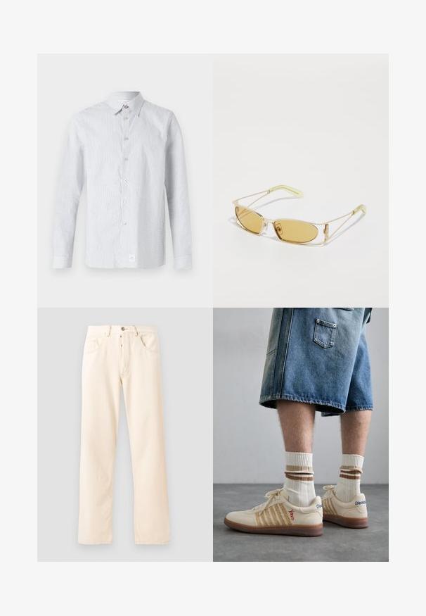 Raidallinen nappipaita vaaleansinisenä ja valkoisena. Ominaisuuksiin kuuluvat perinteinen kaulus, pitkät hihat ja pieni logotagi helmassa.; Harmaa puuvillapaita, jossa on pieni oranssi supikoiran pään kirjonta vasemman rinnan yläpuolella. Pyöreä kaula-aukko, lyhyet hihat ja klassinen malli.; Vaaleanbeiget farkut, joissa on suora lahje, viisi taskua ja etupainikekiinnitys. Ompeleet näkyvät saumoissa.; Beige retro lenkkarit ruskealla kumipohjalla, joissa on raidalliset yksityiskohdat ja brodeeratut logot. Yhdistetty valkoisten sukien kanssa, joissa on ruskeat raidat.; Keltainen sävyisät aurinkolasit, joissa on läpinäkyvä kultakehys, kapea suorakulmainen muoto ja kulmikkaat varret, joissa on vaaleanvihreitä yksityiskohtia.