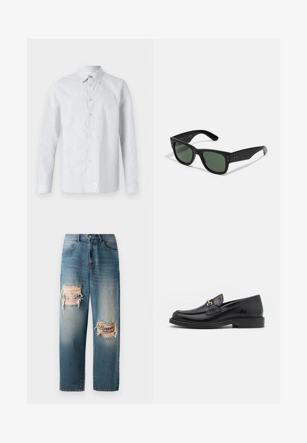 Camicetta a righe in azzurro chiaro e bianco. Presenta un colletto classico, maniche lunghe e un piccolo etichetta logo all'orlo.; Jeans in denim azzurro chiaro con vestibilità ampia, caratterizzati da due toppe strappate sul davanti con bordi sfrangiati e una finitura sbiadita.; Mocassini in pelle nera con punta rotonda, dotati di accentuazione in metallo dorato e dettagli di cucitura, posizionati su una suola in gomma testurizzata bassa.; Occhiali da sole neri rettangolari con lenti verdi, finitura opaca, dettagli hardware discreti e logo impresso sulla tempia.