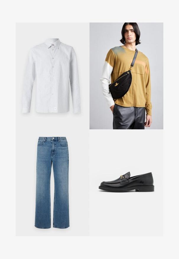 Koszula w paski, w jasnoniebieskim i białym kolorze. Posiada klasyczny kołnierz, długie rękawy i małą metkę z logo na dolnym brzegu.; Szerokie niebieskie dżinsy wykonane z denimu o wyblakłym wykończeniu. Posiadają pięć kieszeni, zapięcie na guzik z przodu oraz prosty krój.; Czarne skórzane loafersy z zaokrąglonym noskiem, z ozdobnymi złotymi akcentami i detalami szycia, osadzone na niskiej, teksturowanej gumowej podeszwie.; Vivienne Westwood CITY UNISEX czarny