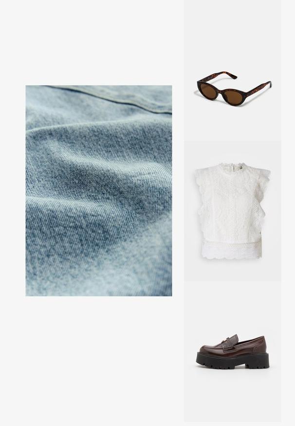 Top bianco in pizzo con bordi ondulati, collo alto e intricate fantasie floreali. Chiusura con zip sul retro e tessuto testurizzato in tutto il capo.; Tessuto di denim azzurro chiaro con una sottile trama e un motivo di tessitura visibile, che mostra leggere variazioni di colore e morbidezza.; Madden Girl CALISTA - Scarpe senza lacci - brown; Occhiali da sole tartarugati marroni con forma vintage a occhio di gatto e lenti marroni. Presentano bracci curvi con accenti rossi.; Next BOWLER CHARM - Borsa a mano - tan brown