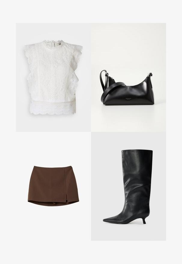Bela čipkasta majica z valovitimi robovi, visokim ovratnikom in zapletenimi cvetličnimi vzorci. Zapenjanje na hrbtu in teksturirana tkanina po celotni dolžini.; Rjava mini krilo iz gladkega blaga, z sprednjim razporkom, čistimi linijami in strukturirano prileganjem. Brez žepov ali izrazitih kovinskih detajlov.; Črne usnjene škornje do kolen s koničastim nosom in nizko peto, prikazane na enostavni svetli podlagi.; Črna usnjena torbica z gladko teksturo. Ima nastavljiv trak in eleganten, minimalističen dizajn z zadrgo.