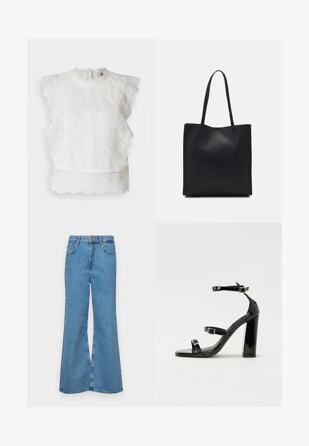 Haut en dentelle blanche avec des bords festonnés, un col haut et des motifs floraux complexes. Fermeture éclair au dos et tissu texturé sur toute la surface.; Jean flare bleu clair en denim, avec une taille haute, cinq poches et une fermeture à un bouton. Texture douce avec une finition décolorée.; Sandales à talons vernies noires avec un bout carré, des sangles autour de la cheville et des boucles en argent. Dotées d'un talon bloc épais pour plus de stabilité.; Sac fourre-tout en cuir noir avec une texture lisse, de forme rectangulaire et deux longues poignées. Pas de matériel ou d'ornementations visibles.