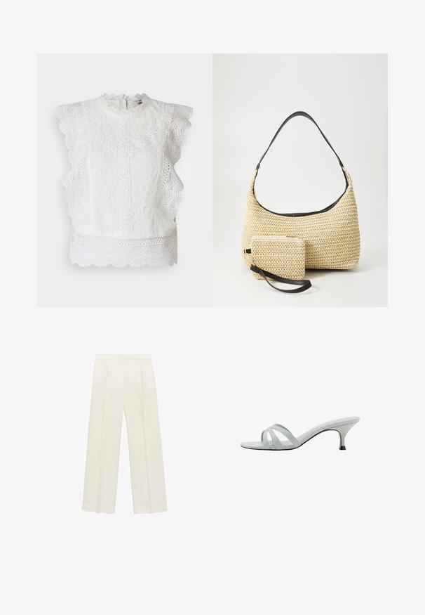 White lace top featuring scalloped edges, a high neck, and intricate floral patterns. Back zip closure and textured fabric throughout.; Wide-legged trousers in a light cream color. Made from a smooth fabric with pleats at the front and side pockets.; Light gray heeled sandals with three crisscross straps, a slim profile, and a tapered heel. Smooth texture with a slightly shiny finish.; Woven straw handbag with a curved silhouette, featuring a smooth black leather strap and a matching small pouch attached by a wrist strap.