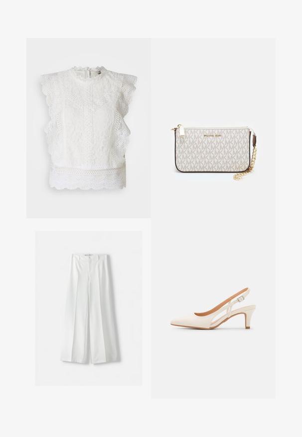 White lace top featuring scalloped edges, a high neck, and intricate floral patterns. Back zip closure and textured fabric throughout.; Bershka WIDE-LEG TAILORED - Trousers - white; White slingback heel with a pointed toe, smooth upper material, low block heel, and side cut-out design with adjustable buckle strap.; Michael Kors wristlet in beige coated canvas featuring a repeating MK logo pattern, gold hardware, and a detachable chain strap.