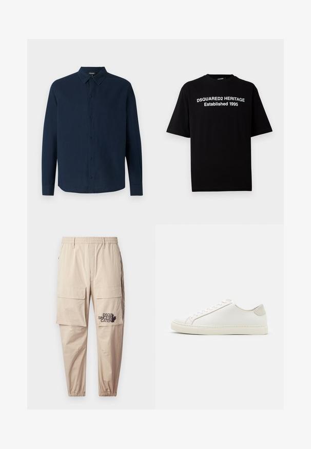 Ron Dorff Košile - deep ocean; Černé tričko s krátkým rukávem vyrobené z bavlny s kulatým výstřihem, na přední straně s bílým nápisem: "DSQUARED2 HERITAGE Established 1995".; Beige cargo kalhoty vyrobené z lehké látky, s elastickým pasem, zipovými kapsami a potiskem loga na levé nohavici.; Bílé kožené tenisky s hladkým povrchem, kulatou špičkou a minimalistickým designem. Disponují béžovými akcenty na patě a gumovou podešví.