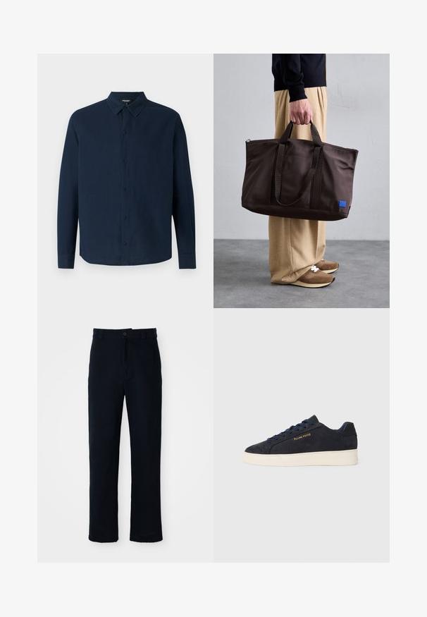 Ron Dorff Ing - deep ocean; Sötétkék pamut nadrág, egyenes szárú fazonnal, elülső gombos záródással és klasszikus derékkal, övhurkokkal.; Sötétkék velúr, alacsony szárú teniszcipő fehér talppal, sötétkék fűzőkkel és arany színű "Filling Pieces" logóval az oldalán.; Barna nylon válltáska dupla fogantyúval, cipzáros záródással és kék logós címerrel. Simább textúrájú, strukturált kialakítás, tágas belső tér.