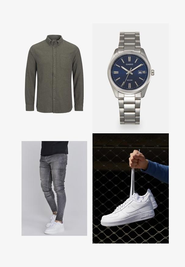 Camisa verde de botonadura hecha de tela texturizada, con cuello puntiagudo, un bolsillo en el pecho y mangas largas con puños abotonados.; Jeans ajustados en denim gris desgastado, con detalles desgastados en las rodillas, combinados con zapatillas blancas. Textura suave, diseño de corte slim.; Zapatillas de cuero blanco con perforaciones, punta redonda, suela plana y cordones gruesos, con un logo de swoosh visible y "AIR" en el talón.; Reloj de pulsera de acero inoxidable plateado con una esfera azul marina, marcadores horarios metálicos y una ventana de fecha a las 3 en punto. Resistente al agua hasta 50 metros.