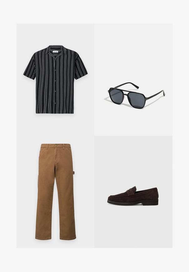 Chemise noire à manches courtes avec rayures verticales blanches, fermeture à boutons et col évasé. Fabriquée en tissu léger, texture lisse.; Pantalon cargo en coton marron avec jambes droites, doté de poches latérales et d'un bouton en métal à la taille. Texture lisse et design décontracté.; Mocassins en daim marron avec une silhouette basse et un embout arrondi. Présentent une sangle décorative sur le dessus, une semelle en caoutchouc plate et sans couture visible.; Lunettes de soleil noires avec monture octogonale, verres foncés, finition brillante, branches fines et accents dorés sur l'avant.