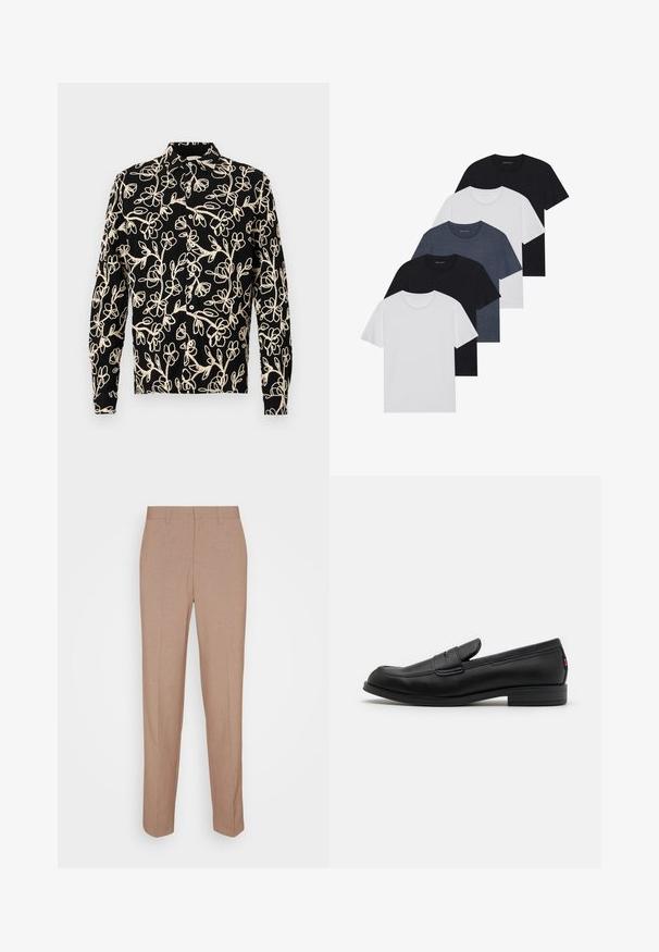 Maglietta nera a maniche lunghe con ricami floreali bianchi, colletto a bottoni e vestibilità rilassata con dettagli di cucitura visibili.; Set di cinque t-shirt in nero, bianco e blu navy. Tessuto di cotone, maniche corte, design a collo rotondo e texture semplice senza motivi.; Pantaloni beige su misura in tessuto liscio e strutturato. Vestibilità dritta con cintura in vita, senza decorazioni o tasche visibili.; Mocassini in pelle nera con finitura liscia, punta arrotondata e una piccola pattina decorativa. Presentano un tacco basso e impilato e un sottile dettaglio di branding.