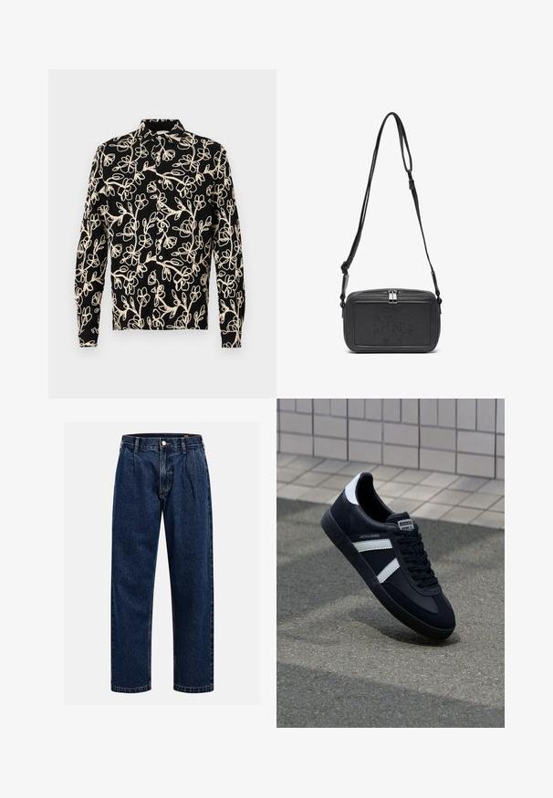 Čierna košeľa s dlhým rukávom s bielou kvetinovou výšivkou, kravata s gombíkmi a voľným strihom s viditeľnými švami.; Tmavo modré džínsy s rovnými nohavicami. Obsahujú viditeľné švy, zapínanie na gombík a predné skladanie pre zvýraznenie detailov.; Čierne kožené tenisky s bielymi pruhmi, textúrovanou gumovou podrážkou a šnurovaním vpredu. Obsahujú označenie značky na jazyku.; Čierna kožená crossbody taška so zipsom, s embosovaným logom na prednej strane a nastaviteľným popruhom. Hladká textura a obdlžníkový tvar.