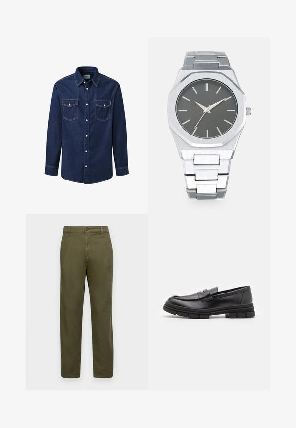 Tumesinine teksajakk pikkade varrukate, terava krae, kahe rinna-tasku ja valgete nööbiga, mis on vuntsitud kontrastsete õmblustega.; Olive roheline puuvillane püksid sirge lõikega, nööbiga sulgemine ja minimaalsete õmbluse detailidega. Sile tekstuur ja ilma eristuvate mustriteta.; Mustad musta naha sussid sujuva viimistlusega, esiosal rihmaga detail ning paksu kummitaldaga, mis on kaunistatud soontega.; Hõbedane analoogkell, millel on oktagonaalne korpus, hall kelladial, hõbedased näidikud ja roostevabast terasest link-rihm. Minimalistlik disain sujuva tekstuuriga.