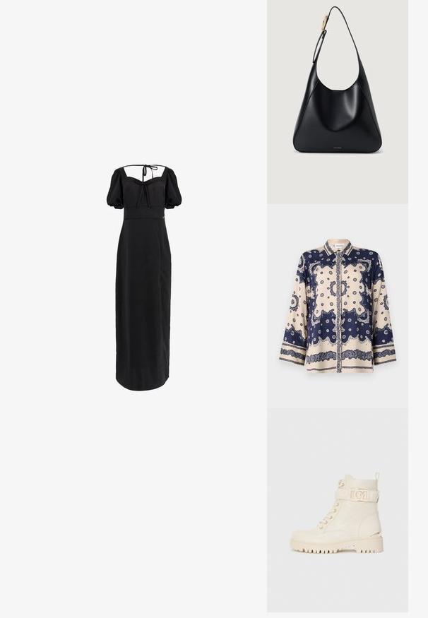 Blå och krämfärgad mönstrad blus i mjukt tyg; har lång ärm, krage, knappar och intrikata paisleymönster längs ärmsluten.; Svart klänning med medellång längd, puffärmar, fyrkantig halsringning och knytbakdetalj. Tillverkad av mjukt tyg med en åtsittande överdel och flödande kjol.; Vita anklar stövlar med en blommig präglad design, snörning, sidrem med guld- logotyp och en robust sula för grepp.; Svart läderaxelväska med en slät yta, böjd silhuett och en gulddetalj. Har en präglad logotyp vid basen.