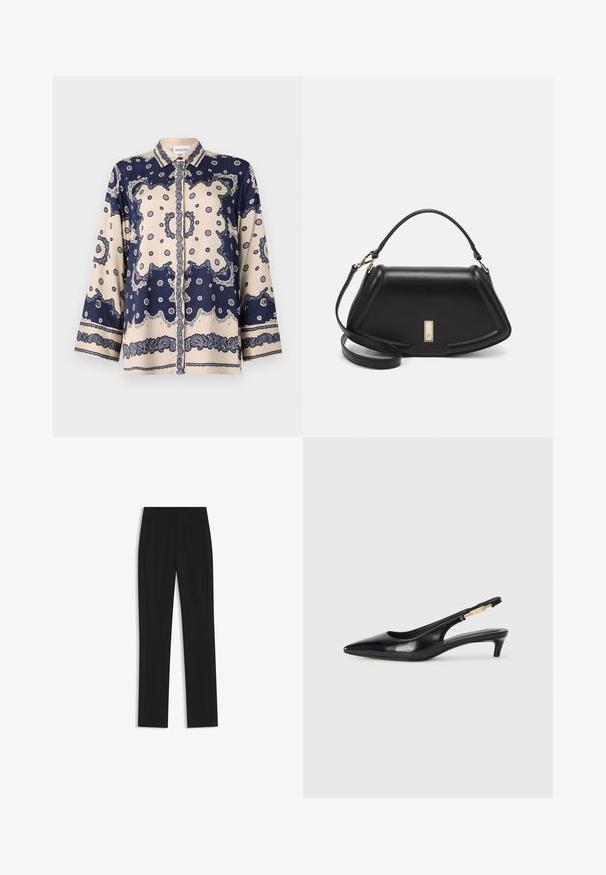 Blau- und cremefarbenes gemustertes Blusenshirt aus glattem Stoff; mit langen Ärmeln, kragenförmigem Ausschnitt, Knöpfen und kunstvollen Paisleymustern an den Manschetten.; Schwarze maßgeschneiderte Hose mit geradem Bein, ausgestattet mit Fronttaschen und einem glatten, strukturierten Stoff. Saubere, minimale Details.; Schwarze Leder-Slingback-Pumps mit spitzem Schuhblatt, ausgestattet mit einem schlanken Absatz und einem goldfarbigen Akzent am verstellbaren Riemen. Glatte Textur.; Schwarze Lederhandtasche mit einem strukturierten Design, das eine verkürzte Form, einen oberen Griff und goldfarbene Hardware-Details aufweist. Verstellbarer Schulterriemen ist enthalten.