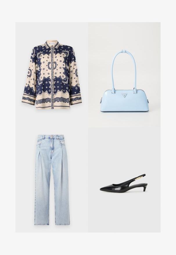 Bluzica s uzorkom u tamnoplavoj i krem boji od glatkog materijala; ima duge rukave, ovratnik, gumbe i složene paisley uzorke duž manžeta.; Svijetloplavi traperice s visokim strukom, širokim krojem, dva bočna džepa i naboranim dizajnom. Mekana tekstura s izblijedjelim završetkom.; Crne kožne sandale s petom, s izduženim vrhom, imaju usku petu i zlatni akcent na podesivoj traci. Glatka tekstura.; Svijetloplavi ručni torbica sa strukturiranim oblikom, glatka kožna materija, dva ručka i trokutasti brend logotip na prednjoj strani. Zatvaranje na patentni zatvarač.
