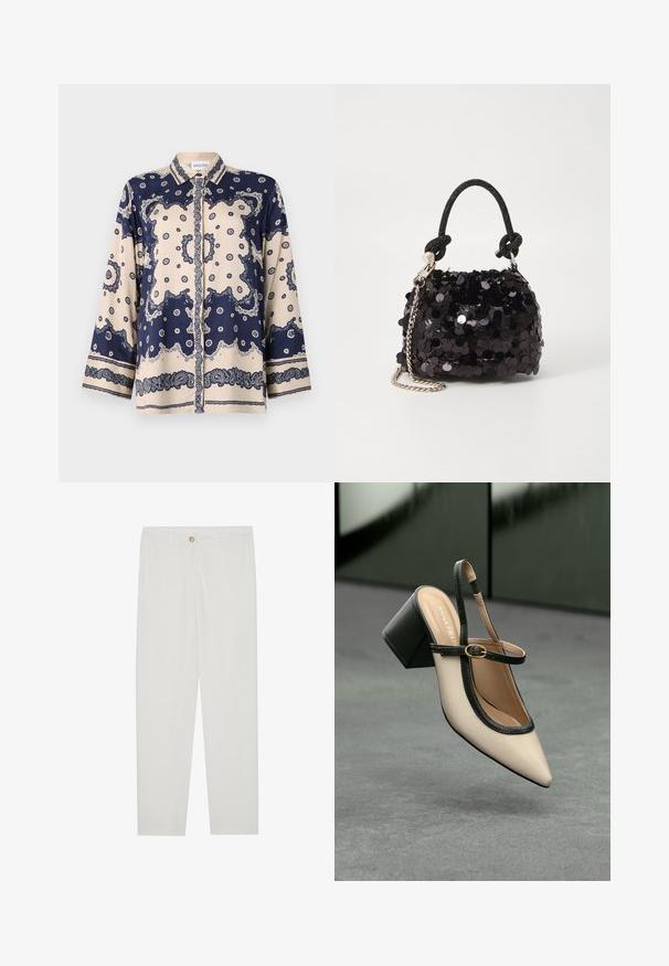 Blúzka s námorníckou modrou a smotanovou potlačou v hladkej látke; má dlhé rukávy, golier, gombíky a zložitý paisley vzor pozdĺž manžiet.; Biele, priliehavé nohavice s rovnými nohavicami, so zapínaním na gombík, pútkami na opasok a bočnými vreckami; hladká textúra látky.; Béžová lodička so špicatou špičkou, s čiernym lemom, zlatou prackou a robustným blokovým podpätkom na šedom podlahe s tmavozeleným pozadím.; Čierna mini kabelka so štrasom, s uzlovým textúrovaným popruhom a strieborným reťazom. Guľatý tvar s riaseným vrchom a reflexnými detailmi.