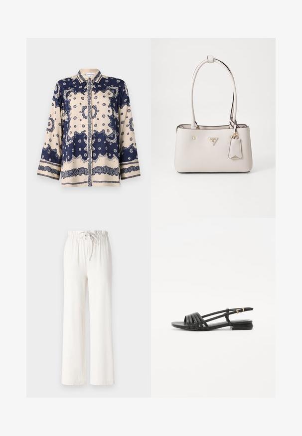 Blůza s námořnickými a krémovými vzory z hladkého materiálu; má dlouhé rukávy, límeček, knoflíky a detailní paisley vzory na manžetách.; Bílé kalhoty s širokými nohavicemi vyrobené z měkké tkaniny, s elastickým pasem na šňůrku a hladkým povrchem. Žádné vzory ani dekorace nejsou viditelné.; Černé ploché sandály se spíleným designem, které mají několik kožených pásků a štíhlý páskový přezkový uzávěr na kotníku. Podešev je plochá a obdélníková.; Béžová kabelka z umělé kůže s hladkým povrchem, dvojitými popruhy na rameno, zlatými doplňky, logem a připojenou etiketou.