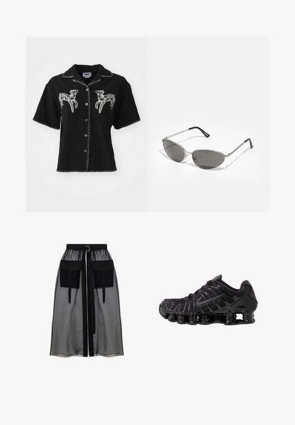 Svart kortärmad skjorta med vit djurbroderi, knappstängning och kontrasterande vit sömnad längs kragen och fållen.; Svart genomskinlig kjol med en rynkad midja, utrustad med två stora framfickor, ett midjesnöre och en cirkulär metallaccent.; Svart sportskor med ovandel i mesh och blanka detaljer. Har böjliga fjädrar för dämpning och texturerade linjer på sidan. Nike-logotypen är synlig.; Solglasögon med en elegant, silver metallram, gråtonade linser och en aerodynamisk design med spetsiga kanter och tunna bågar.; Even&Odd Shoppingväska - black