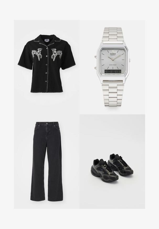 Svart kortärmad skjorta med vit djurbroderi, knappstängning och kontrasterande vit sömnad längs kragen och fållen.; Svarta wide-leg jeans i denim med hög midja, femficksdesign och dragkedja framtill. Slät yta med minimala synliga sömmar.; Svarta sportskor i syntetmaterial med nätinslag och rundade sulor. Utrustade med snörningssystem och framträdande Nike-logotyp på tungan.; Silver Casio kvartsur med rektangulärt urtavla, analog och digital visning, armband i rostfritt stål och vattentåliga egenskaper.