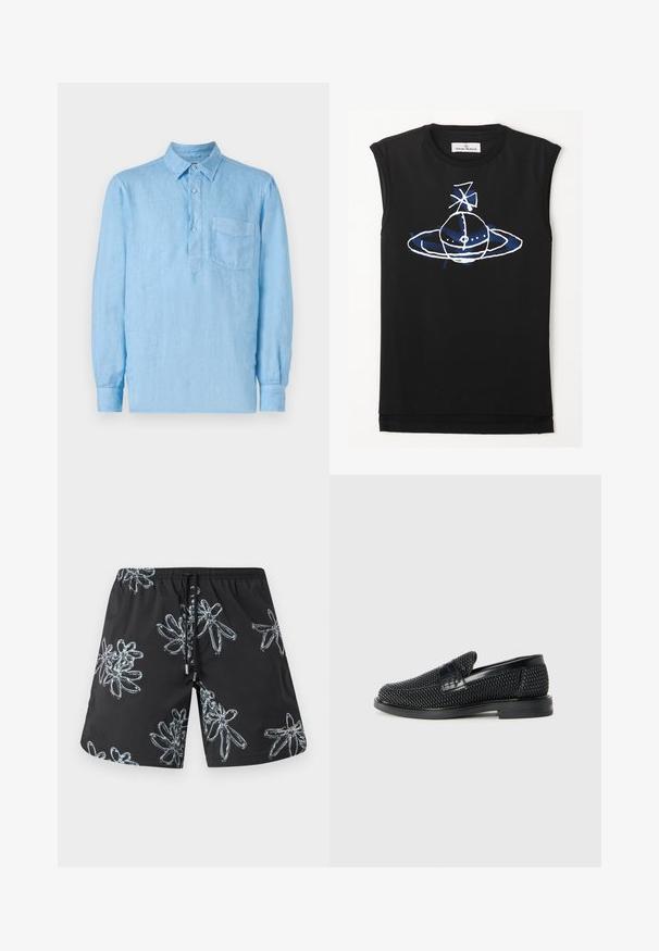 Heledane sinine pika varrukaga lina särk, millel on nööpide rida, terav krae ja rinnatasku. Struktureeritud kangas ja vaba lõige.; Mustamata musta top, millel on sinine ja valge graafiline kujundus, mis kujutab planeedi meenutavat elementi rõngaste ja satelliitide elementidega. Pehme puuvillane materjal.; Mustad musta värvi ujumispüksid, millel on heledates hallides toonides läikiv lillemuster. Elastne vöökoht koos nööriga ja logo detail paremal all nurgas.; Must musta kootud slip-on king, millel on pehme nahast accent ülaserval, ümmargune varvas ja madal profiiliga kummitald.