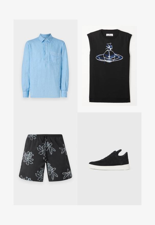 Vaaleansininen pitkähihaine pellavapaita, jossa on napitettu läppä, terävä kaulus ja rintatasku. Teksturoidusta kankaasta valmistettu ja rento istuvuus.; Mustat hihattomat t-paidat, joissa on sininen ja valkoinen graafinen suunnittelu planeettaa muistuttavasta hahmosta, jossa on renkaat ja satelliittielementtejä. Pehmeää puuvillamateriaalia.; Mustat uimapöksyt, joissa on kiiltävä vaaleanharmaa kukkakuosi. Elastinen vyötärö, jossa on nyöri ja logot yksityiskohtana oikeassa alareunassa.; Mustat mokkasiinikenkiä valkoisella kumipohjalla, jossa on sävy sävyyn ompelu ja nauhakiinnitys. Sujuva pinta ja moderni, virtaviivainen muoto.