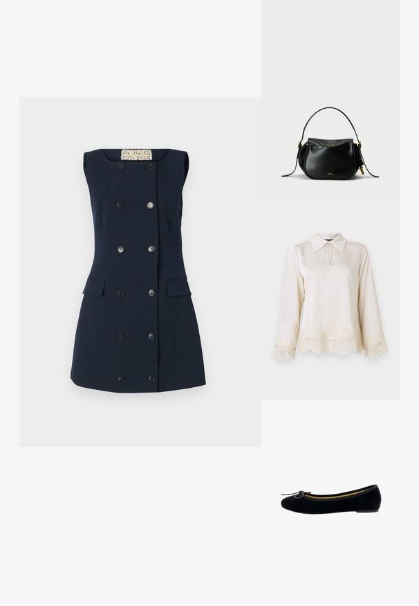 Blusa de crema con cuello tipo camisa, cierre frontal y mangas largas con intrincado encaje en el dobladillo y los bordes de las mangas.; Vestido sin mangas de color marino con forma ajustada, cierre de botones dobles, dos bolsillos frontales y cuello plano para una silueta estructurada.; Bailarinas de terciopelo negro con punta redonda, un pequeño lazo en la parte delantera y un forro interior amarillo en contraste.; Bolso de mano de piel negra con forma redondeada, un asa superior y detalles de herrajes dorados. Presenta un cierre con cremallera y un sutil detalle de marca.