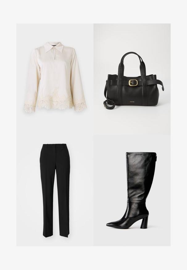 Blusa crema con colletto, chiusura con zip sul davanti e maniche lunghe con un intricato bordino in pizzo all'orlo e ai polsini.; Pantaloni neri su misura con un design a gamba dritta, caratterizzati da una texture liscia e pieghe ben definite sul davanti. Senza hardware visibile.; Stivale in pelle nera, alto fino al ginocchio, con punta affusolata, superficie liscia e tacco spesso. Presenta un dettaglio con zip sul retro.; Borsa a mano in pelle nera con un design strutturato, doppie maniglie superiori, accentuazione in metallo dorato e logo del marchio in rilievo sul davanti.