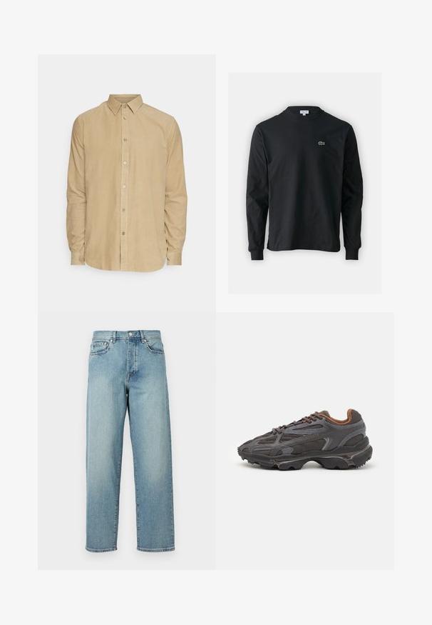 Chemise en velours côtelé beige à manches longues avec col boutonné et boutons sur le devant, présentée sur fond blanc.; T-shirt noir à manches longues en coton, avec un col rond et un petit logo de crocodile brodé vert sur la poitrine gauche.; Jean en denim bleu clair avec une coupe loose, jambes droites, design à cinq poches et fermeture à bouton à la taille. Détail de couture minimaliste.; Baskets Lacoste en gris foncé, en matériau mesh et synthétique, avec une semelle texturée et des accents marron sur le col et le branding.
